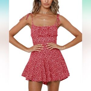 Women's Boho Floral Wide Leg Short Romper Spaghetti Strap Smocked - Medium